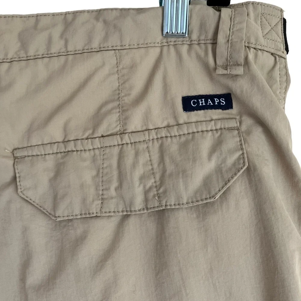 Chaps Flat Front Nylon Safari Shorts Zip Cargo Pockets Built-in Belt Tan Sz 42